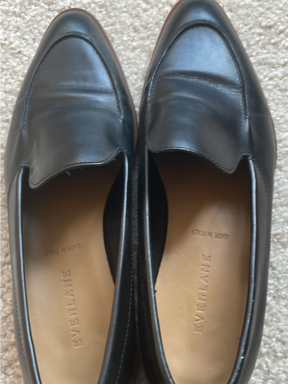 Everlane Black Leather Penny Loafers with Tan Insoles